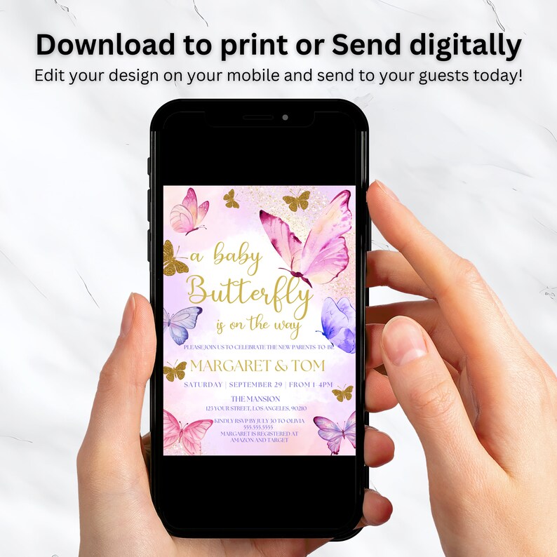 May include: A baby shower invitation with a pink and purple butterfly design. The text reads "A baby Butterfly is on the way" and includes the names "Margaret & Tom".