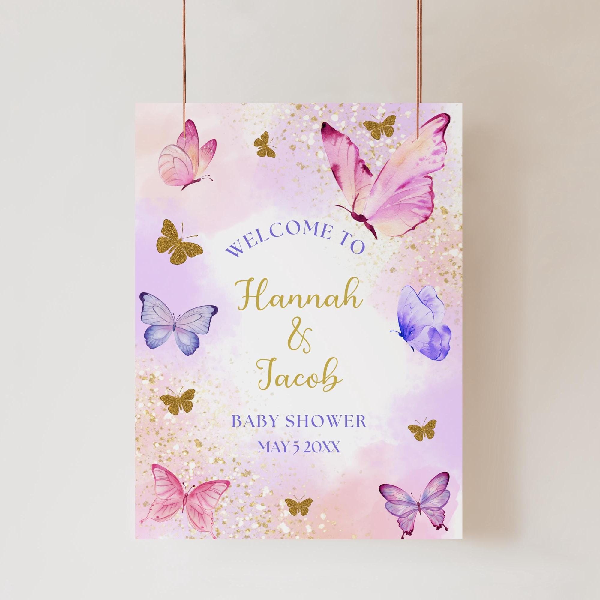 Editable Butterfly Baby Shower Welcome Sign, Butterfly Yard Sign for Party, Pink Purple Gold Butterflies Printable Template, BTF1