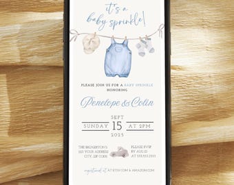 Invitación bohemia azul con detalles para bebé, ropa de niño, plantilla digital (descarga instantánea)