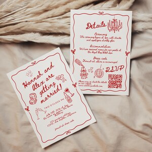 May include: A red and white wedding invitation with a hand-drawn illustration of a couple getting married. The invitation includes the couple's names, the date and time of the wedding, the location, and a dress code. The invitation also includes a QR code for RSVP.