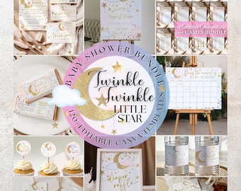 Editable Twinkle Twinkle Little Star Party BUNDLE, Moon and Gold Stars Baby Shower Set, Gender Reveal Party Decor Template, TSTR