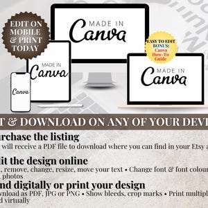 Może przedstawiać: Obraz prezentujący projektowanie cyfrowe z tekstem "MADE IN Canva" na r&oacute;żnych urządzeniach: telefonie, tablecie, laptopie i monitorze komputera stacjonarnego. Zawiera r&oacute;wnież instrukcje edycji i pobierania.