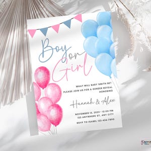 Gender Reveal Einladungsvorlage, bearbeitbare rosa und blaue Gender Reveal Party Einladung, Ballons Er oder sie Babypartyeinladung