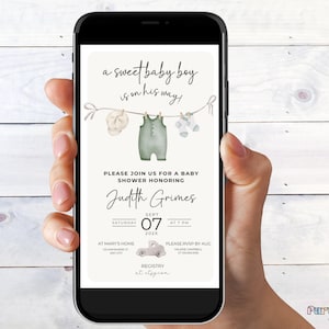 Electronic Boy Baby Clothes Shower Invitation, Boy Baby Shower Text Message Invitation Template, Boho Baby Shower, Boy Baby Shower Evite