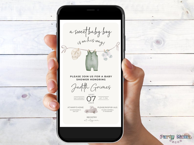 May include: A baby shower invitation with a watercolor illustration of baby clothes hanging on a clothesline. The text reads "a sweet baby boy is on his way!" and includes details about the shower, including the date, time, location, and RSVP information.