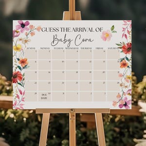 Baby in Bloom Babyparty Fälligkeitsdatum Kalendervorlage, Raten Sie das Geburtstagszeichen des Babys, bearbeitbare Babyvorhersage, Wildblumen Fälligkeitsdatumsspiel, BLM1