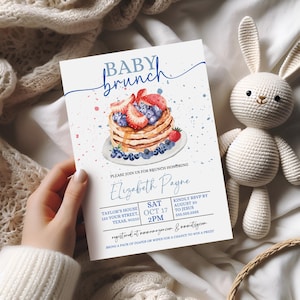 Editable Brunch Baby Shower Invitation, Blueberry Pancake Baby Shower Invitation Template, Blueberries Baby Shower Brunch Theme Invite