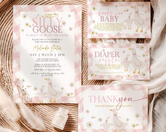 Silly Goose Baby Shower Invitation Set, Goose Diaper Raffle, Editable Templates, Canva