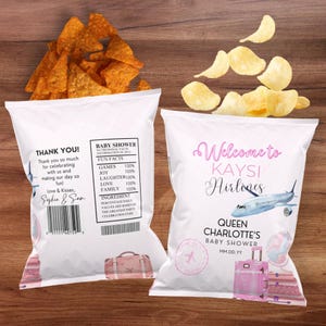 Pink Airplane Chip Bag Template, Editable DIY Chip Wrapper Printable, Baby Airlines Party Favor for Baby Shower Party, Girl Baby Decor