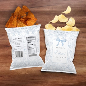 Bolsa para papas fritas editable en toile de jouy azul, plantilla para envolver papas fritas, obsequio para fiesta de baby shower en toile azul empolvado, bolsa para papas fritas estilo chinoiserie azul, BTOI