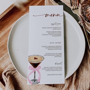 Menu de café Pink Bow para chá de panela, menu de festa de chá de panela editável, modelo de menu de jantar, menu de martini Pink Coquette Espresso, B116