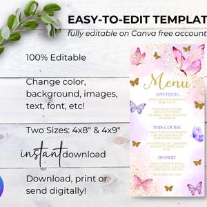 May include: A menu template with a butterfly theme, featuring pink and purple watercolor backgrounds. The menu includes the text "Menu" in gold script, with options for appetizers, main courses, and dessert. The template is fully editable on Canva.
