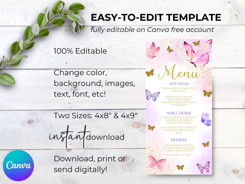 May include: A menu template with a butterfly theme, featuring pink and purple watercolor backgrounds. The menu includes the text "Menu" in gold script, with options for appetizers, main courses, and dessert. The template is fully editable on Canva.