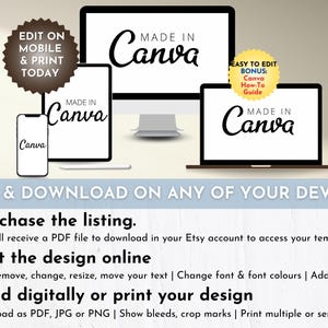 May include: A digital illustration showing a laptop, tablet, and smartphone displaying the text "Made in Canva". The image also includes a text overlay with instructions on how to purchase, edit, and download the design.