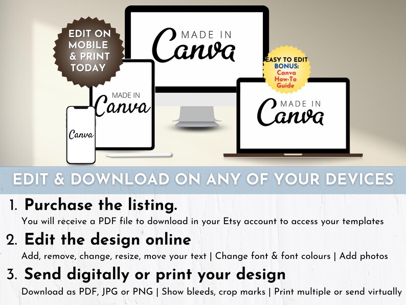 May include: A digital illustration showing a laptop, tablet, and smartphone displaying the text "Made in Canva". The image also includes a text overlay with instructions on how to purchase, edit, and download the design.