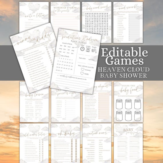 Editable Clouds Baby Shower Games Bundle, Little Piece of Heaven Games Set, Baby Heart Clouds Party Activity Game, Cloud 9 Theme Cards, HVEN
