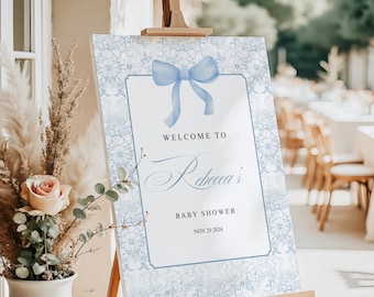 Editable Blue Toile De Jouy Welcome Sign for Baby Shower, Canva Template, BTOI