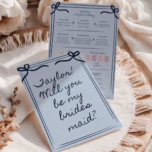 Modèle de proposition de demoiselle d'honneur noeud bleu, seras-tu ma carte de demoiselle d'honneur, cartes d'informations modifiables de demoiselles d'honneur noeud, invitation de demoiselle d'honneur dessinée à la main