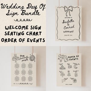 May include: A set of four printable wedding signs with black and white illustrations. The signs include a welcome sign, seating chart, order of events, and a sign that says "Our favourite people".