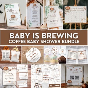 Coffee Themed Baby Shower Bundle, Editable Baby Is Brewing Coffee Bean Party Decor, Coffee Beans Party Games, Invitation, Welcome Sign, COFE