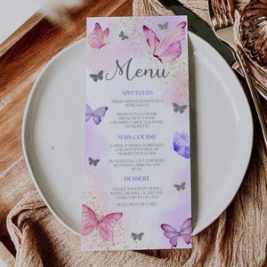 Butterflies Menu for Baby Shower, Silver Butterfly Menu Template, Printable Butterflies Menu Card, Editable Dinner Menu, DIY Canva, Girl