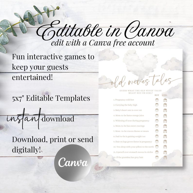 May include: A printable baby shower game card with the text "Old Wives Tales" and a list of questions to guess the baby's gender. The card is 5x7 inches and can be edited in Canva. The design includes cloud illustrations.