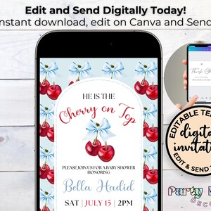 May include: Editable digital baby shower invitation template with a cherry on top theme. The invitation features a blue and white background with red cherries and a white circle with the text "He is the Cherry on Top" and the name "Bella Hadid".