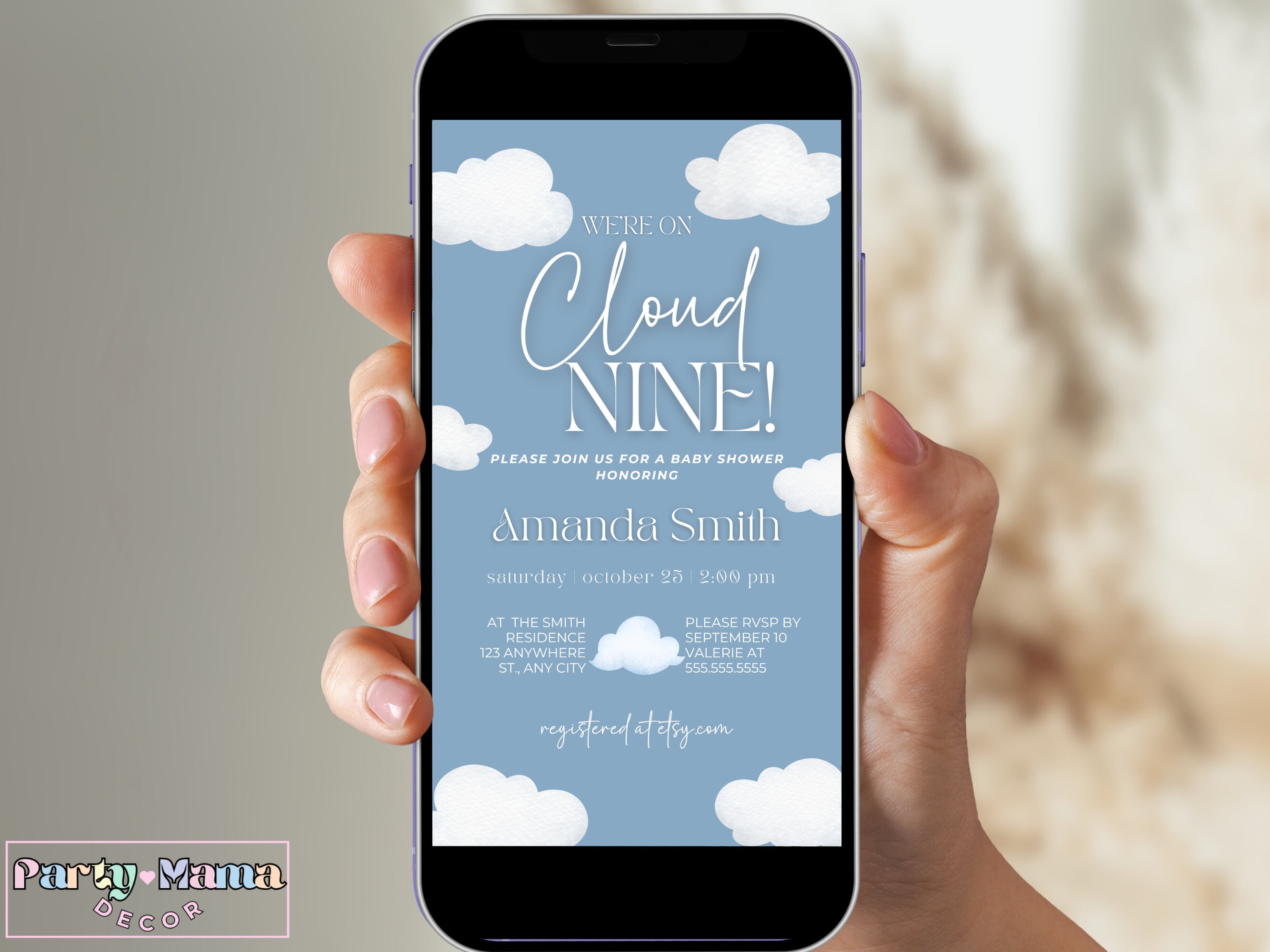 Cloud Nine Baby Shower Evite Template, Electronic We're On Cloud 9 Boy Baby Shower Invite, Text Message Cloud Nine Invitation Template, CLD9