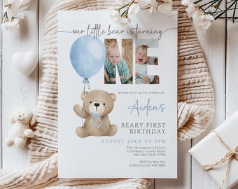 Little Bear First Birthday Invitation with Photo, Editable Teddy Bear Invite, Boy Beary First Birthday Invite Template, Blue Balloon