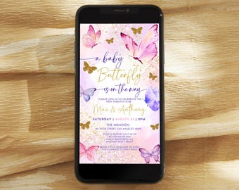 May include: A smartphone displays a baby shower invitation. The design features a pink and purple background with butterfly illustrations. Text includes "a baby Butterfly is on the way" and event details for Mai & Anthony.