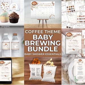 Editable Coffee Bean Baby Shower Bundle, A Baby is Brewing Coffee Baby Shower Template, Coffee Theme Baby Shower Set, COFE