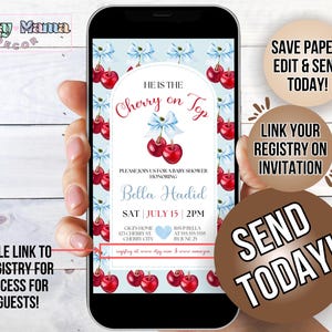 May include: A digital invitation for a baby shower with a cherry theme. The invitation is on a blue background with a white border and features a cherry on top of a cake. The text on the invitation reads "He is the Cherry on Top" and includes the name "Bella Hadid" and the date and time of the shower. The invitation also includes a link to the registry.