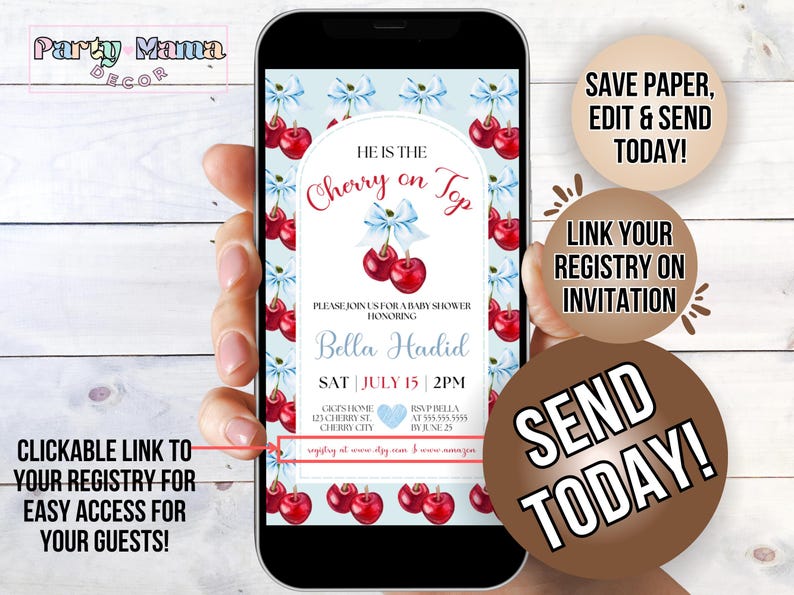May include: A digital invitation for a baby shower with a cherry theme. The invitation is on a blue background with a white border and features a cherry on top of a cake. The text on the invitation reads "He is the Cherry on Top" and includes the name "Bella Hadid" and the date and time of the shower. The invitation also includes a link to the registry.