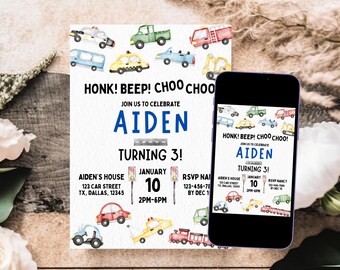 Transportation Birthday Invitation Template, Cars, Trucks, Trains (Canva Editable)