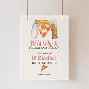 Letrero de bienvenida de Pizza Brews & Diapers para fiesta de baby shower, letrero de pizza editable para jardín, letrero de bienvenida de Pizza Brews para baby shower, PZZA