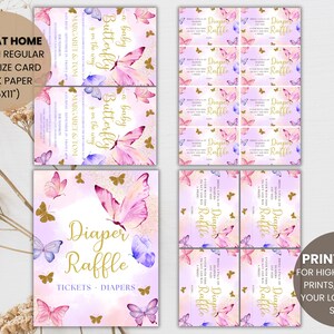May include: Printable baby shower diaper raffle tickets with a pink and purple butterfly design. The text reads "Diaper Raffle" with gold glitter accents. The tickets are 8.5 inches by 11 inches and can be printed at home or at a local print shop.