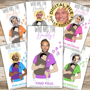DIY Celebrity Scratch Baby Shower Game, Who Has Dad-to-Be spelsjabloon voor kraskaarten, Find Our Baby Daddy-spelsjabloon