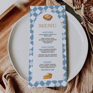 Blue Cutie Pie Menu for Baby Shower, Blue Gingham Baby Shower Menu Template, Printable Menu Card, Cutie Pie Dinner Menu, CPIE