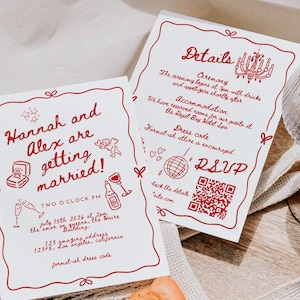 Wedding Invite Template, Editable Hand Drawn Double Sided Doodle Illustrated Invitation, Colorful Handwritten Details Rsvp with QR Code, 610