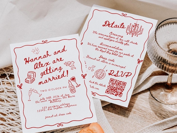 Wedding Invite Template, Editable Hand Drawn Double Sided Doodle Illustrated Invitation, Colorful Handwritten Details Rsvp with QR Code, 610