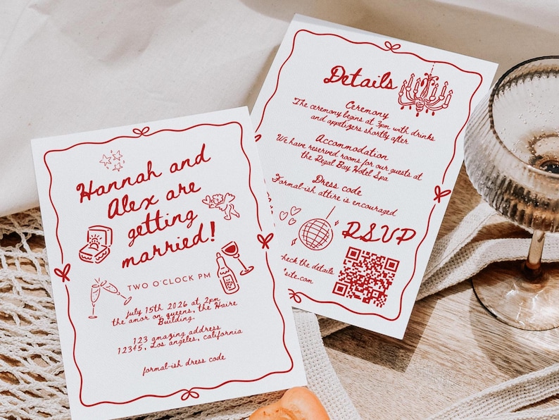 Wedding Invite Template, Editable Hand Drawn Double Sided Doodle Illustrated Invitation, Colorful Handwritten Details Rsvp with QR Code, 610 image 1