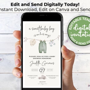 May include: Editable digital baby shower invitation template with a green and white color scheme. The invitation features a line of clothes hanging on a clothesline with the text "a sweet baby boy is on his way!" and the words "Editable Template Digital Invitation Edit & Send Today!" in a circle. The invitation also includes the text "Please join us for a baby shower honoring Judith Grimes Saturday, September 07, 202x at 7 PM at Mary's Home 123 Anywhere St. Any City Please RSVP by August Valerie Campbell at 555-555-5555 Registry at etsy.com"