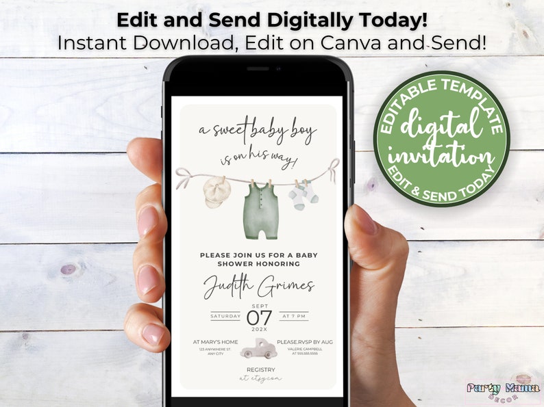 May include: Editable digital baby shower invitation template with a green and white color scheme. The invitation features a line of clothes hanging on a clothesline with the text "a sweet baby boy is on his way!" and the words "Editable Template Digital Invitation Edit & Send Today!" in a circle. The invitation also includes the text "Please join us for a baby shower honoring Judith Grimes Saturday, September 07, 202x at 7 PM at Mary's Home 123 Anywhere St. Any City Please RSVP by August Valerie Campbell at 555-555-5555 Registry at etsy.com"