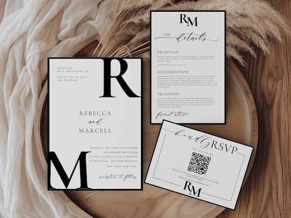 Editable Classy Black and White Wedding Invitation Suite, Includes Formal Invites, Details Card, RSVP QR Code, Modern Wed Invite, BELLA