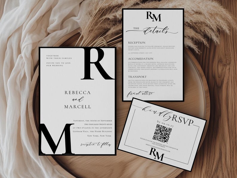 elegant wedding invitation suite that includes invitation to wedding, details card, rsvp with qr code, editable template, canva template, classy old money wedding invitation suite