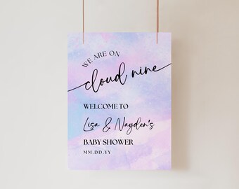 Cloud Nine Baby Shower Welcome Sign Template, Pink Blue Decor (Editable)
