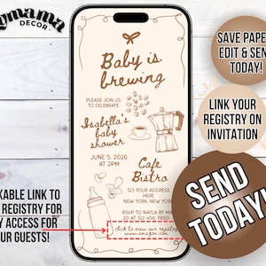 Op de afbeelding: Digitale uitnodiging voor een babyshower op een smartphonescherm. De uitnodiging bevat de tekst "Baby is brewing" en details voor Isabella's babyshower, inclusief datum, tijd en locatie. Bevat een link naar het register.