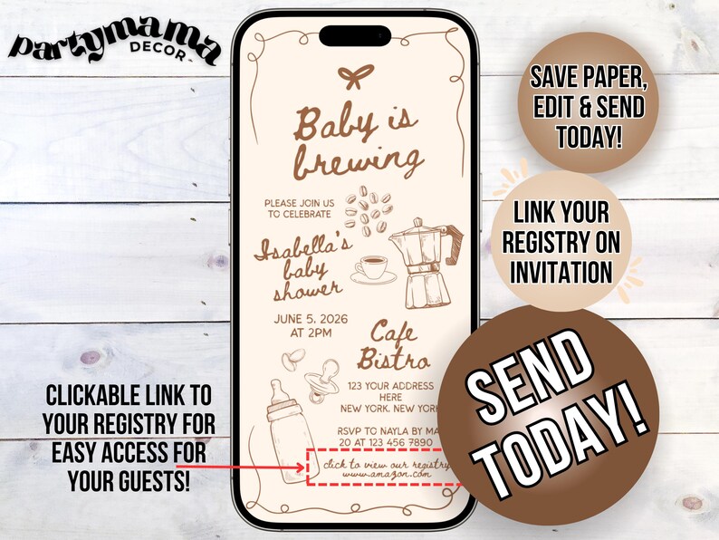 Op de afbeelding: Digitale uitnodiging voor een babyshower op een smartphonescherm. De uitnodiging bevat de tekst "Baby is brewing" en details voor Isabella's babyshower, inclusief datum, tijd en locatie. Bevat een link naar het register.