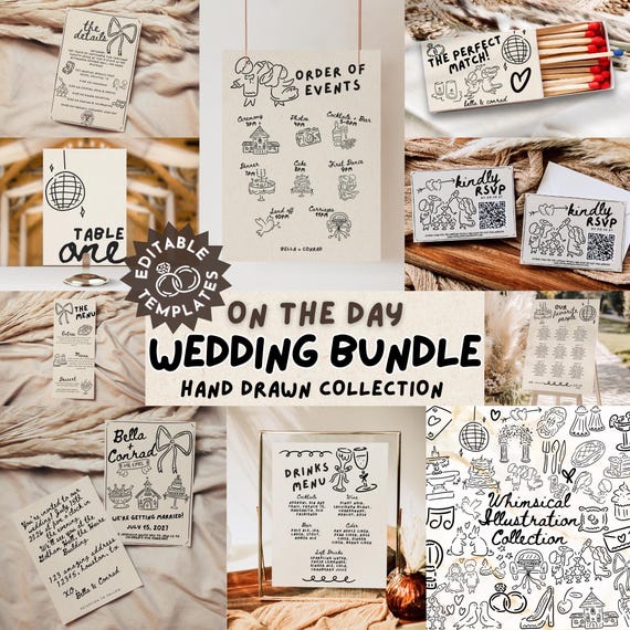 Retro Scribble Wedding Stationery Set: Hand-Drawn Illustrations (Printable, Editable)