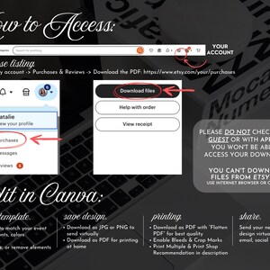 May include: A computer screen displays instructions for accessing and editing a purchase from Etsy. The text includes steps for downloading files, editing in Canva, and sharing the design. The image features a laptop keyboard and a website interface.